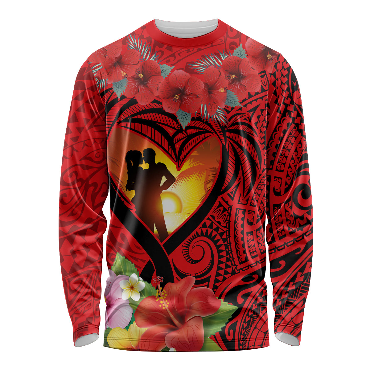 Hawaii Valentine Day Long Sleeve Shirt Couple on Beach mix Hibiscus and Polynesian Tattoo LT03 Unisex Red - Polynesian Pride