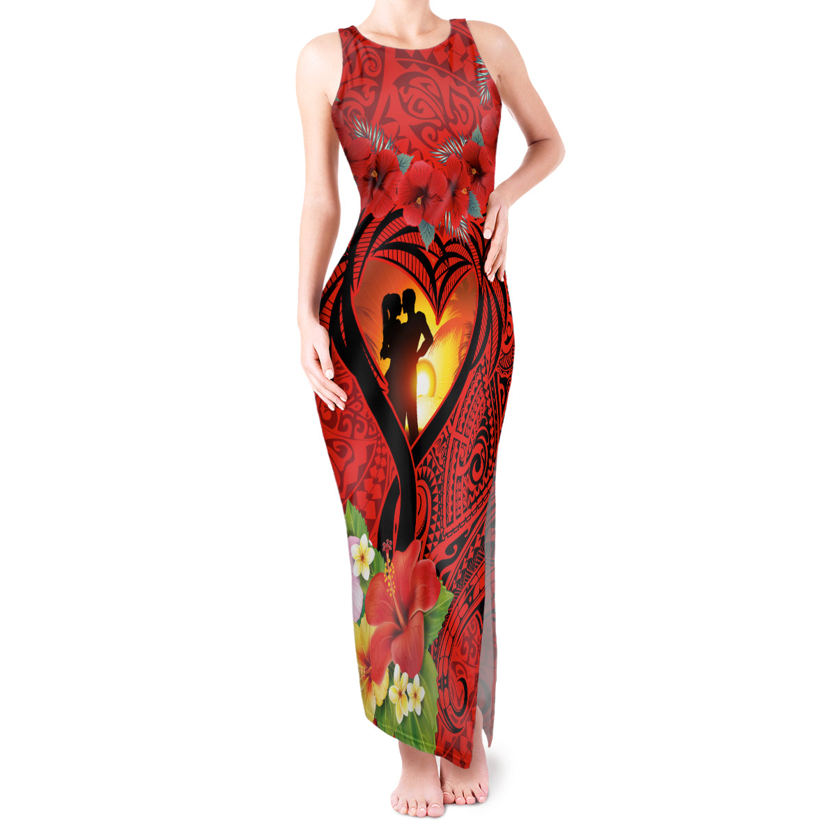 Hawaii Valentine Day Tank Maxi Dress Couple on Beach mix Hibiscus and Polynesian Tattoo LT03 Women Red - Polynesian Pride