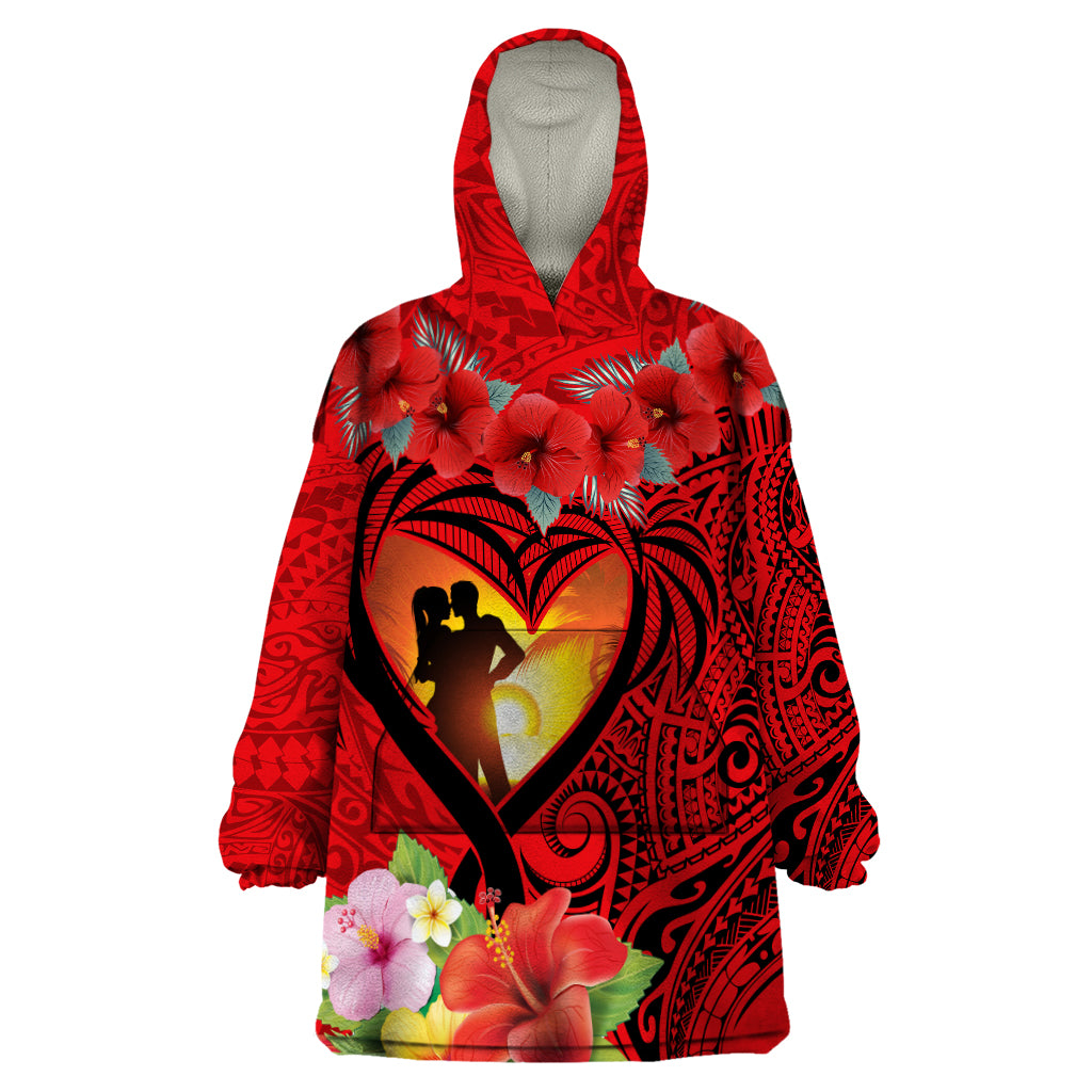 Hawaii Valentine Day Wearable Blanket Hoodie Couple on Beach mix Hibiscus and Polynesian Tattoo LT03 One Size Red - Polynesian Pride