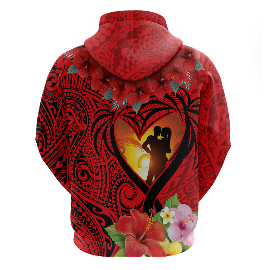 Hawaii Valentine Day Zip Hoodie Couple on Beach mix Hibiscus and Polynesian Tattoo LT03 - Polynesian Pride
