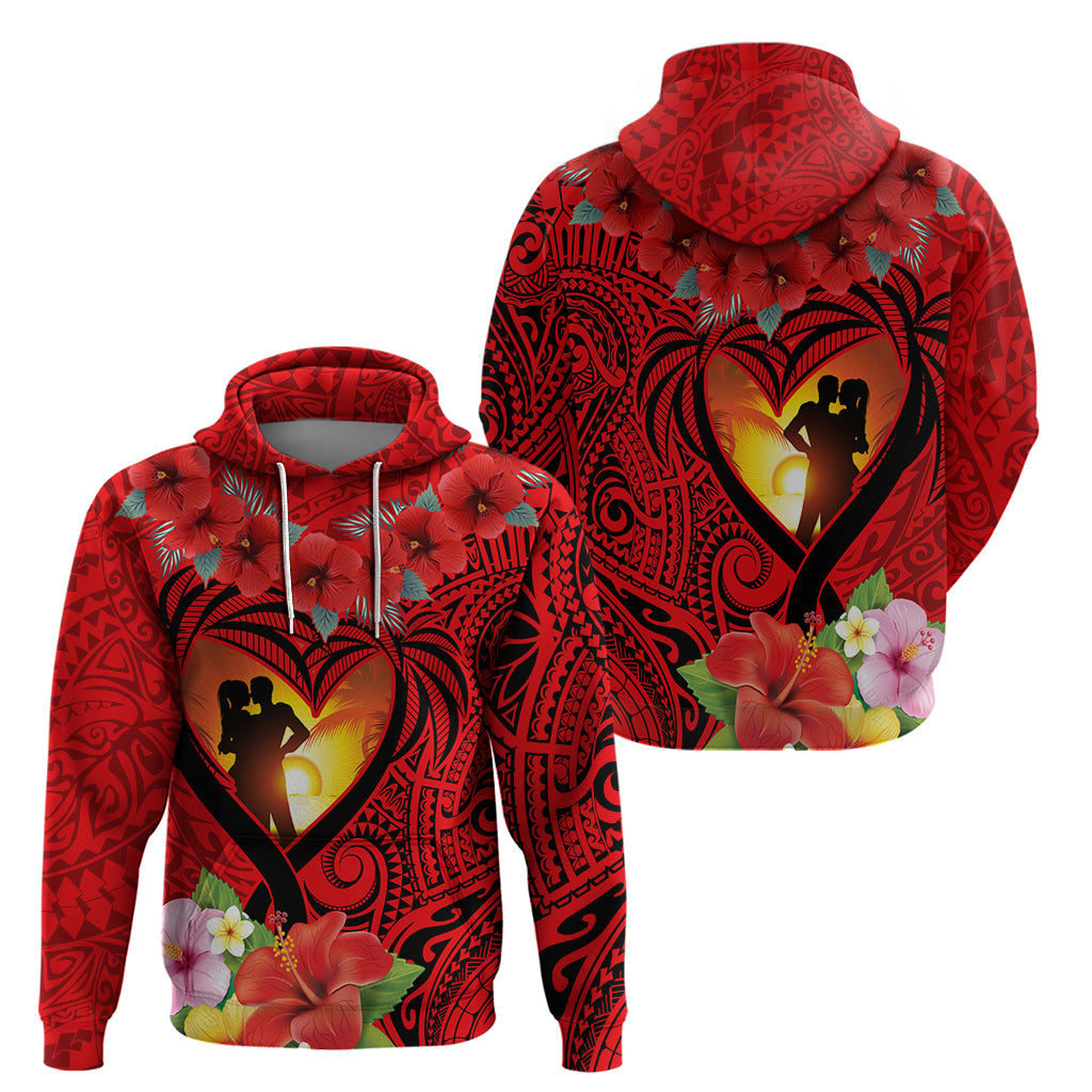 Hawaii Valentine Day Zip Hoodie Couple on Beach mix Hibiscus and Polynesian Tattoo LT03 - Polynesian Pride