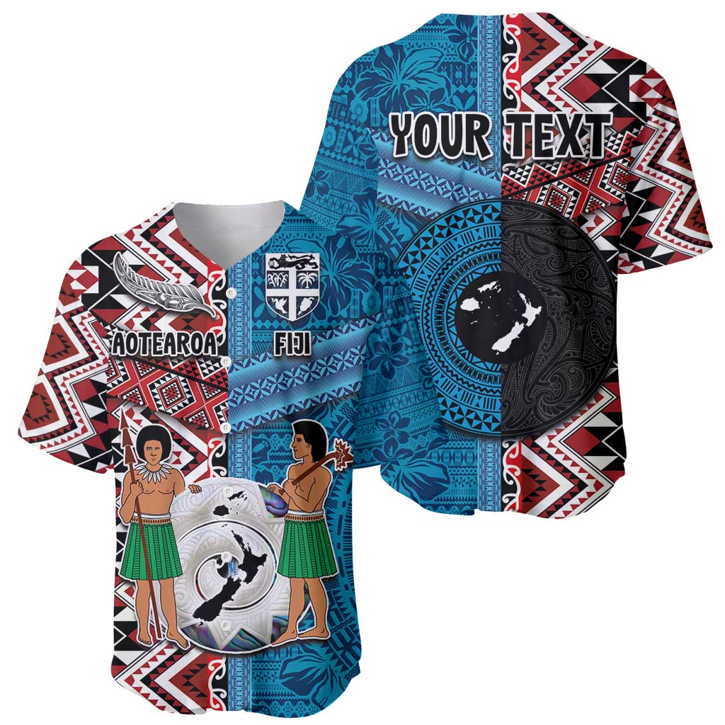 Personalised Aotearoa and Fiji Together Baseball Jersey Melanesian Warrior and Koru - Taniko with Hibiscus Tapa Pattern