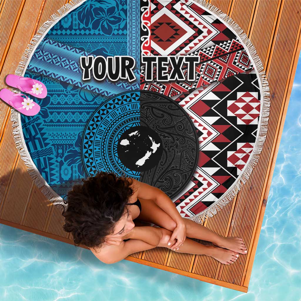 Personalised Aotearoa and Fiji Together Beach Blanket Melanesian Warrior and Koru - Taniko with Hibiscus Tapa Pattern