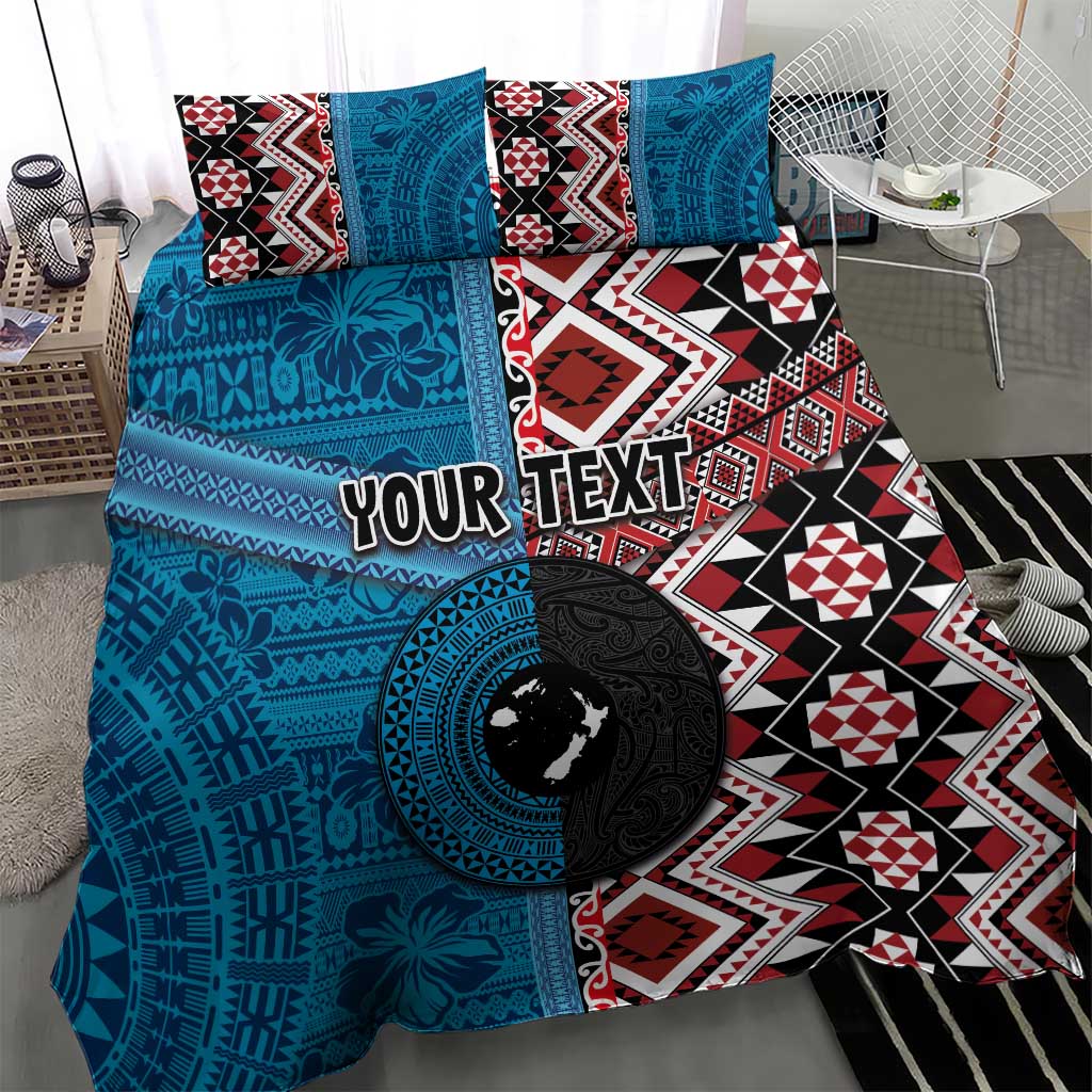 Personalised Aotearoa and Fiji Together Bedding Set Melanesian Warrior and Koru - Taniko with Hibiscus Tapa Pattern
