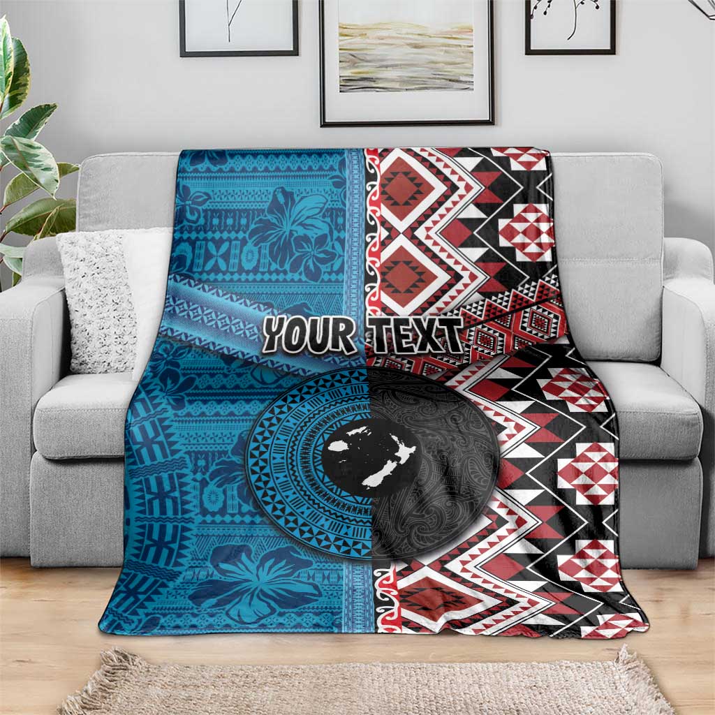 Personalised Aotearoa and Fiji Together Blanket Melanesian Warrior and Koru - Taniko with Hibiscus Tapa Pattern