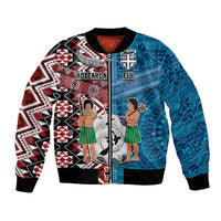 Personalised Aotearoa and Fiji Together Bomber Jacket Melanesian Warrior and Koru - Taniko with Hibiscus Tapa Pattern