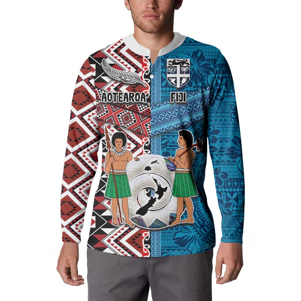 Personalised Aotearoa and Fiji Together Button Sweatshirt Melanesian Warrior and Koru - Taniko with Hibiscus Tapa Pattern