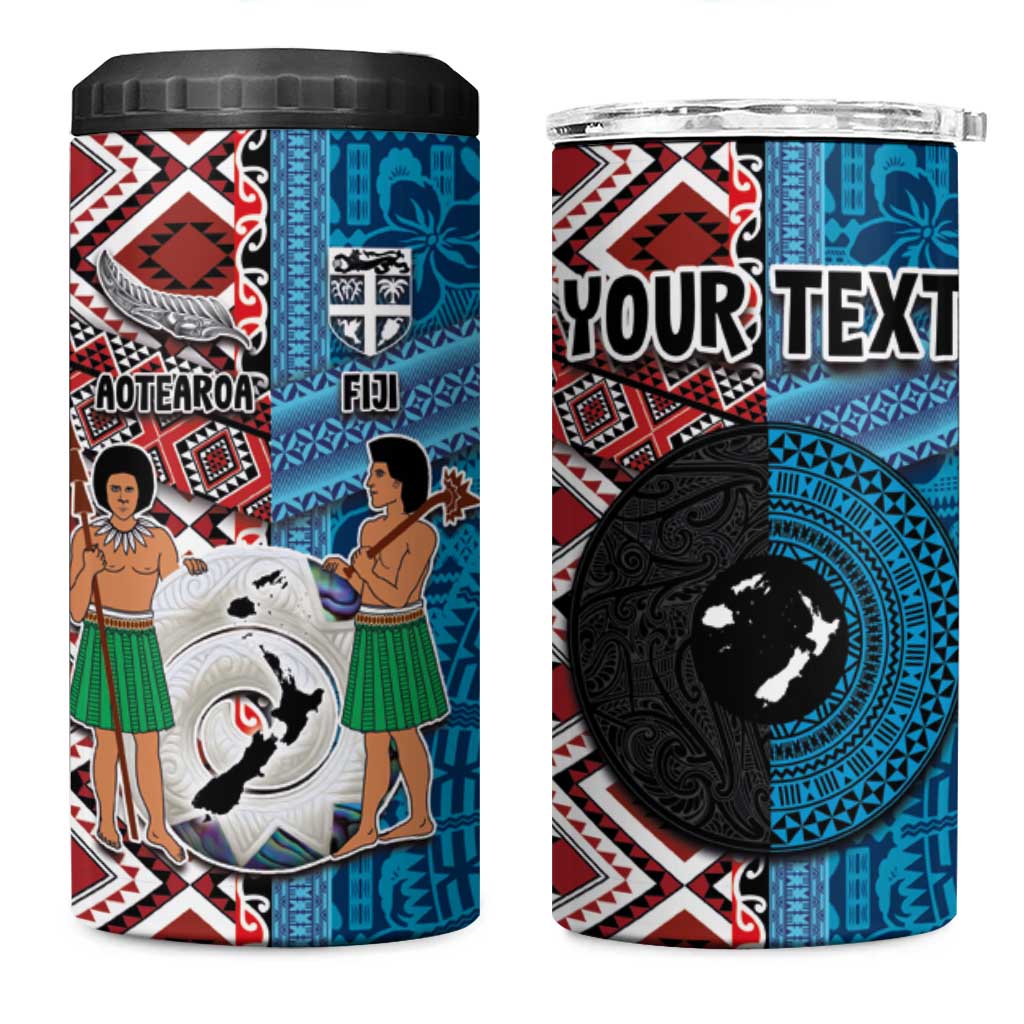 Personalised Aotearoa and Fiji Together 4 in 1 Can Cooler Tumbler Melanesian Warrior and Koru - Taniko with Hibiscus Tapa Pattern