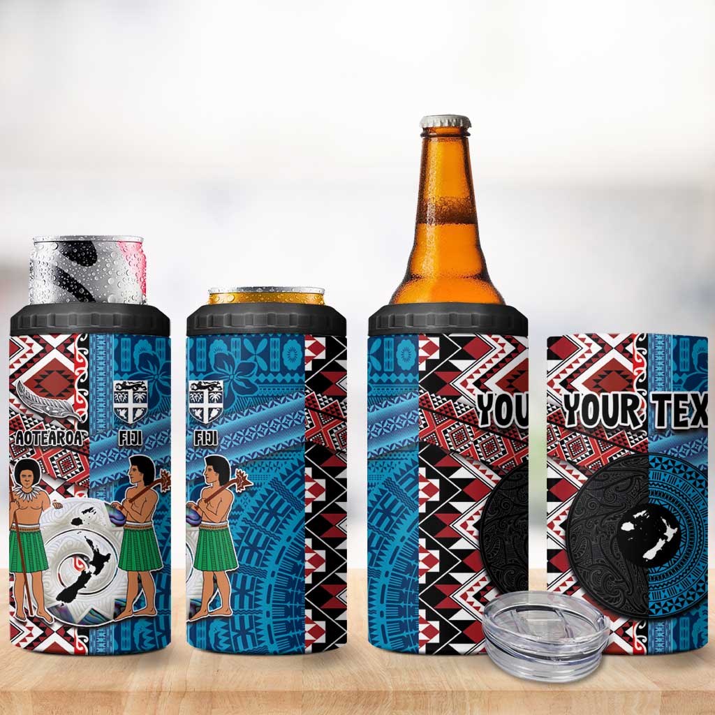 Personalised Aotearoa and Fiji Together 4 in 1 Can Cooler Tumbler Melanesian Warrior and Koru - Taniko with Hibiscus Tapa Pattern