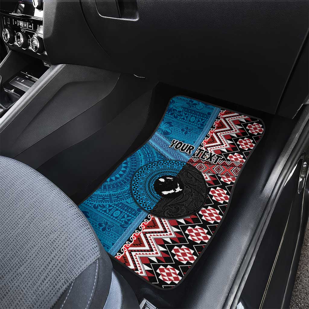 Personalised Aotearoa and Fiji Together Car Mats Melanesian Warrior and Koru - Taniko with Hibiscus Tapa Pattern