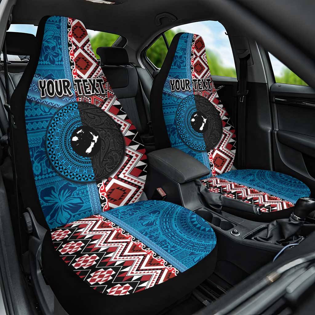 Personalised Aotearoa and Fiji Together Car Seat Cover Melanesian Warrior and Koru - Taniko with Hibiscus Tapa Pattern