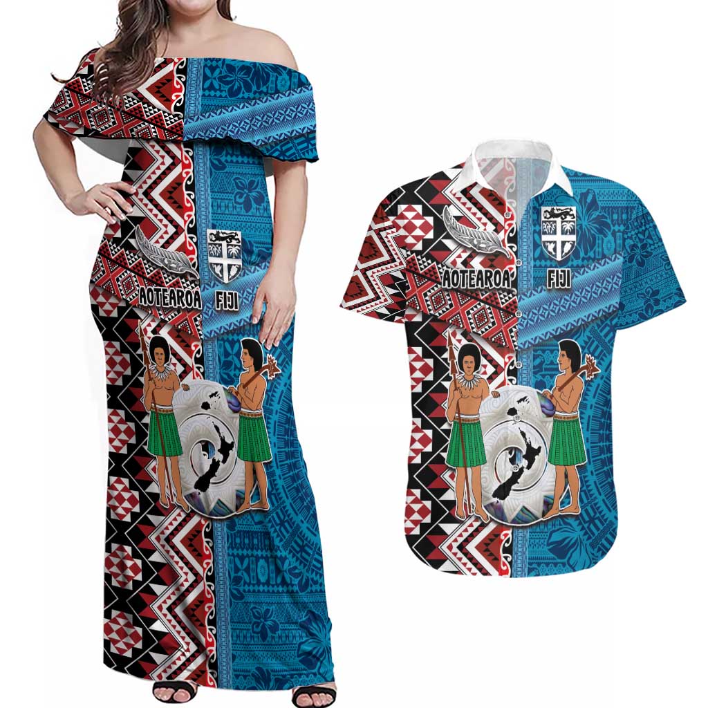 Personalised Aotearoa and Fiji Together Couples Matching Off Shoulder Maxi Dress and Hawaiian Shirt Melanesian Warrior and Koru - Taniko with Hibiscus Tapa Pattern