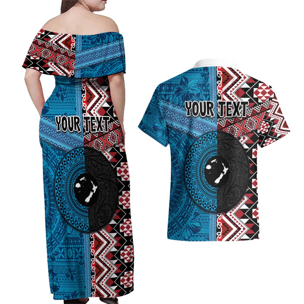 Personalised Aotearoa and Fiji Together Couples Matching Off Shoulder Maxi Dress and Hawaiian Shirt Melanesian Warrior and Koru - Taniko with Hibiscus Tapa Pattern