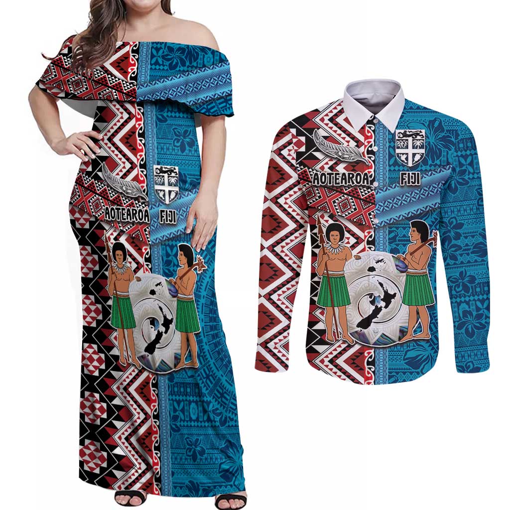 Personalised Aotearoa and Fiji Together Couples Matching Off Shoulder Maxi Dress and Long Sleeve Button Shirt Melanesian Warrior and Koru - Taniko with Hibiscus Tapa Pattern