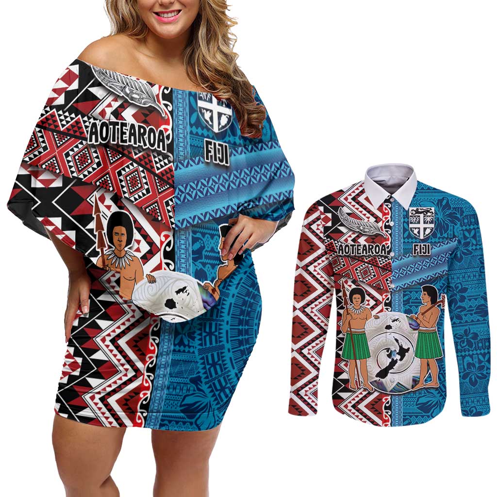 Personalised Aotearoa and Fiji Together Couples Matching Off Shoulder Short Dress and Long Sleeve Button Shirt Melanesian Warrior and Koru - Taniko with Hibiscus Tapa Pattern