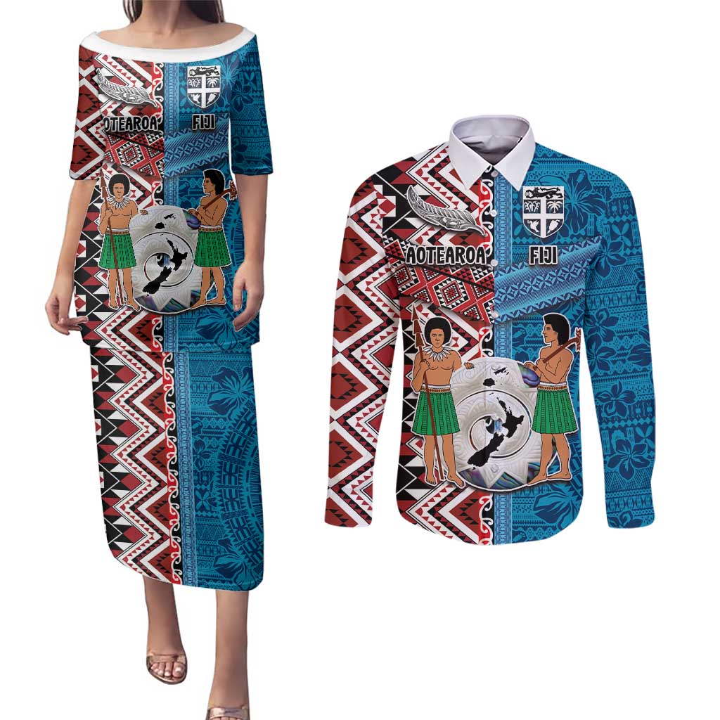 Personalised Aotearoa and Fiji Together Couples Matching Puletasi and Long Sleeve Button Shirt Melanesian Warrior and Koru - Taniko with Hibiscus Tapa Pattern