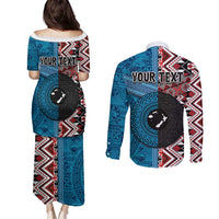 Personalised Aotearoa and Fiji Together Couples Matching Puletasi and Long Sleeve Button Shirt Melanesian Warrior and Koru - Taniko with Hibiscus Tapa Pattern
