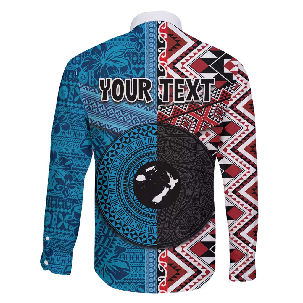 Personalised Aotearoa and Fiji Together Family Matching Long Sleeve Bodycon Dress and Hawaiian Shirt Melanesian Warrior and Koru - Taniko with Hibiscus Tapa Pattern