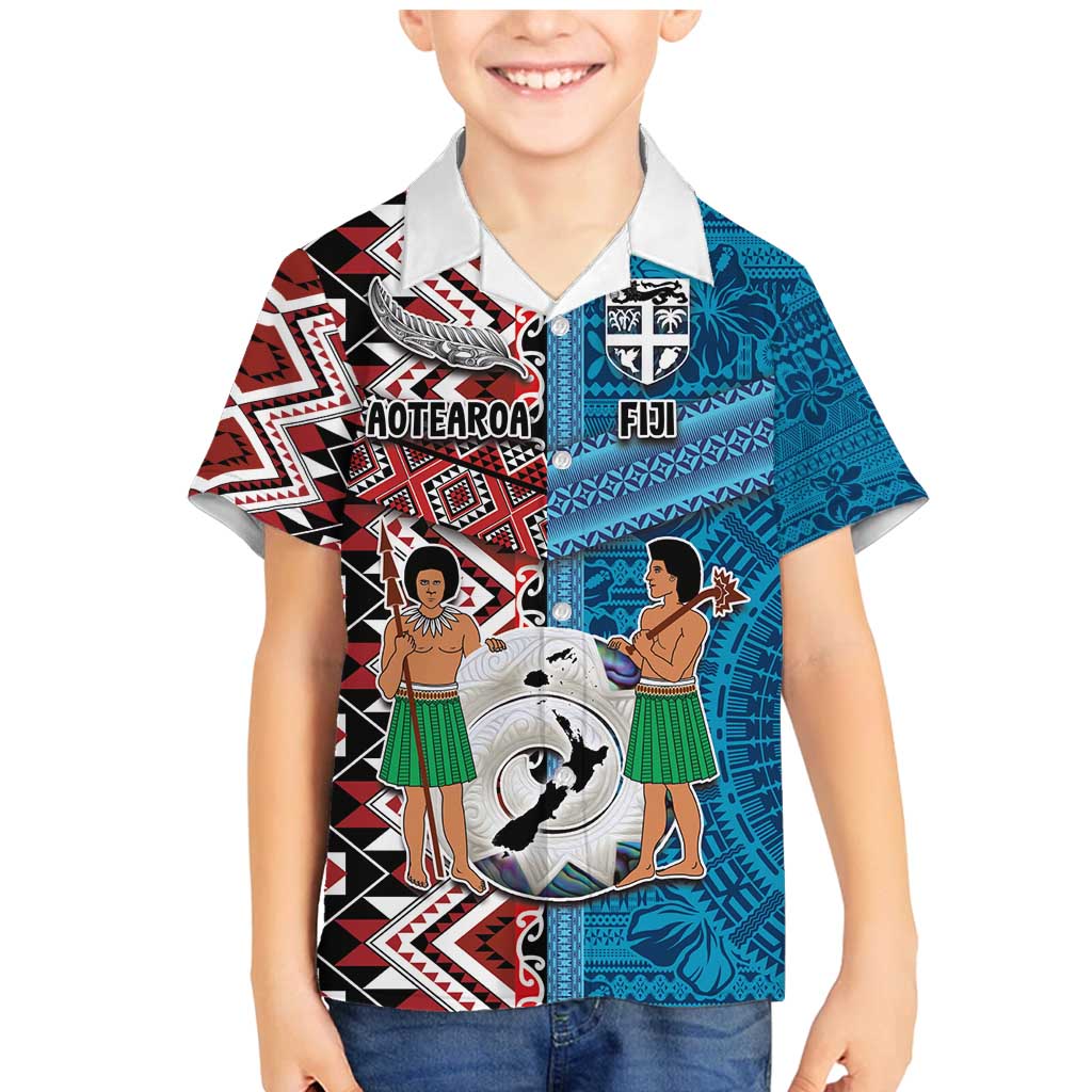 Personalised Aotearoa and Fiji Together Family Matching Mermaid Dress and Hawaiian Shirt Melanesian Warrior and Koru - Taniko with Hibiscus Tapa Pattern
