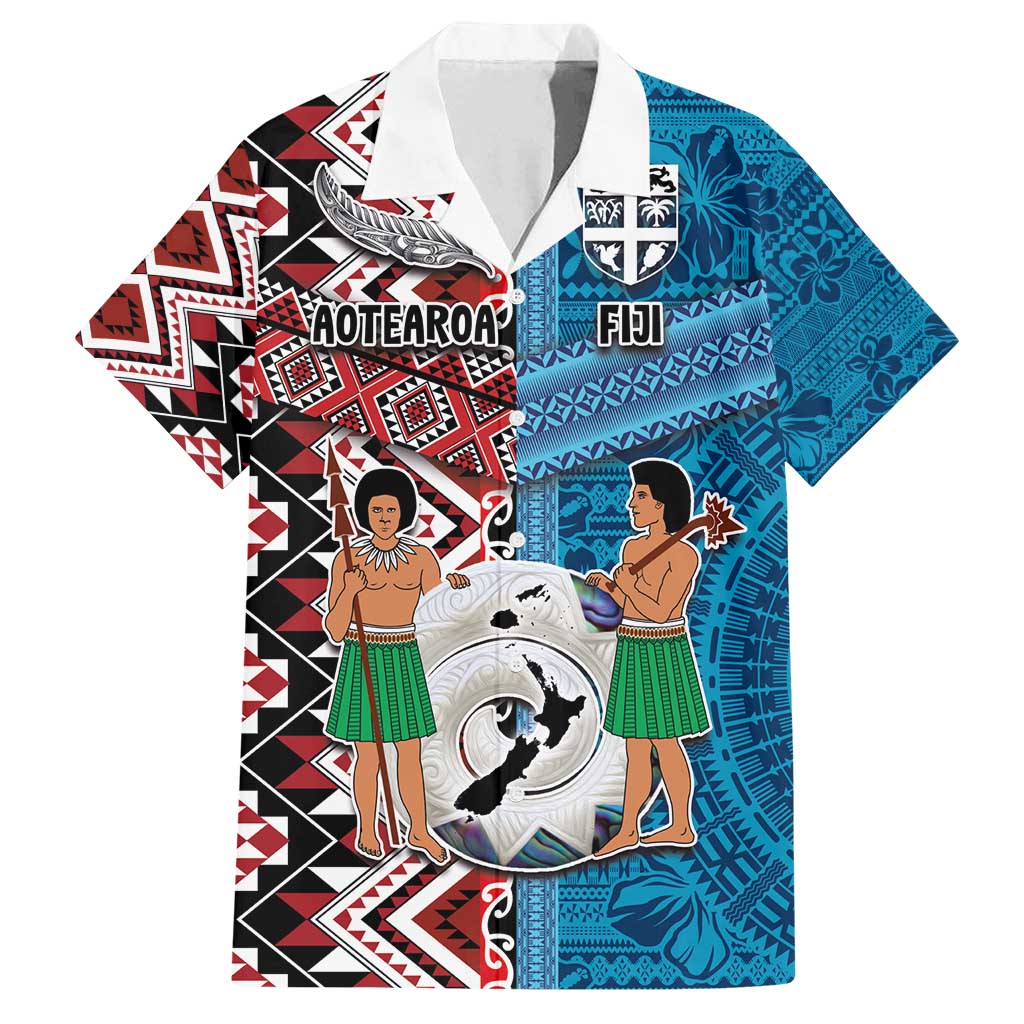 Personalised Aotearoa and Fiji Together Family Matching Off Shoulder Short Dress and Hawaiian Shirt Melanesian Warrior and Koru - Taniko with Hibiscus Tapa Pattern