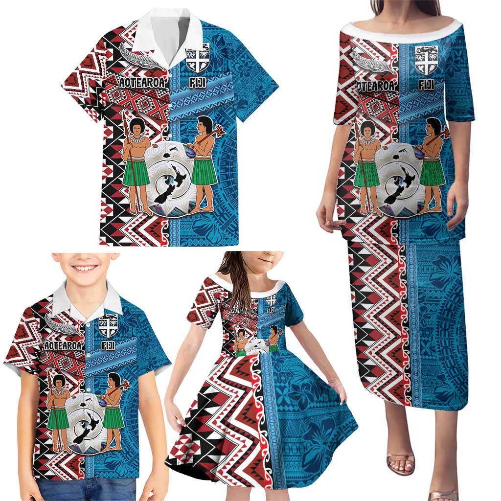Personalised Aotearoa and Fiji Together Family Matching Puletasi and Hawaiian Shirt Melanesian Warrior and Koru - Taniko with Hibiscus Tapa Pattern