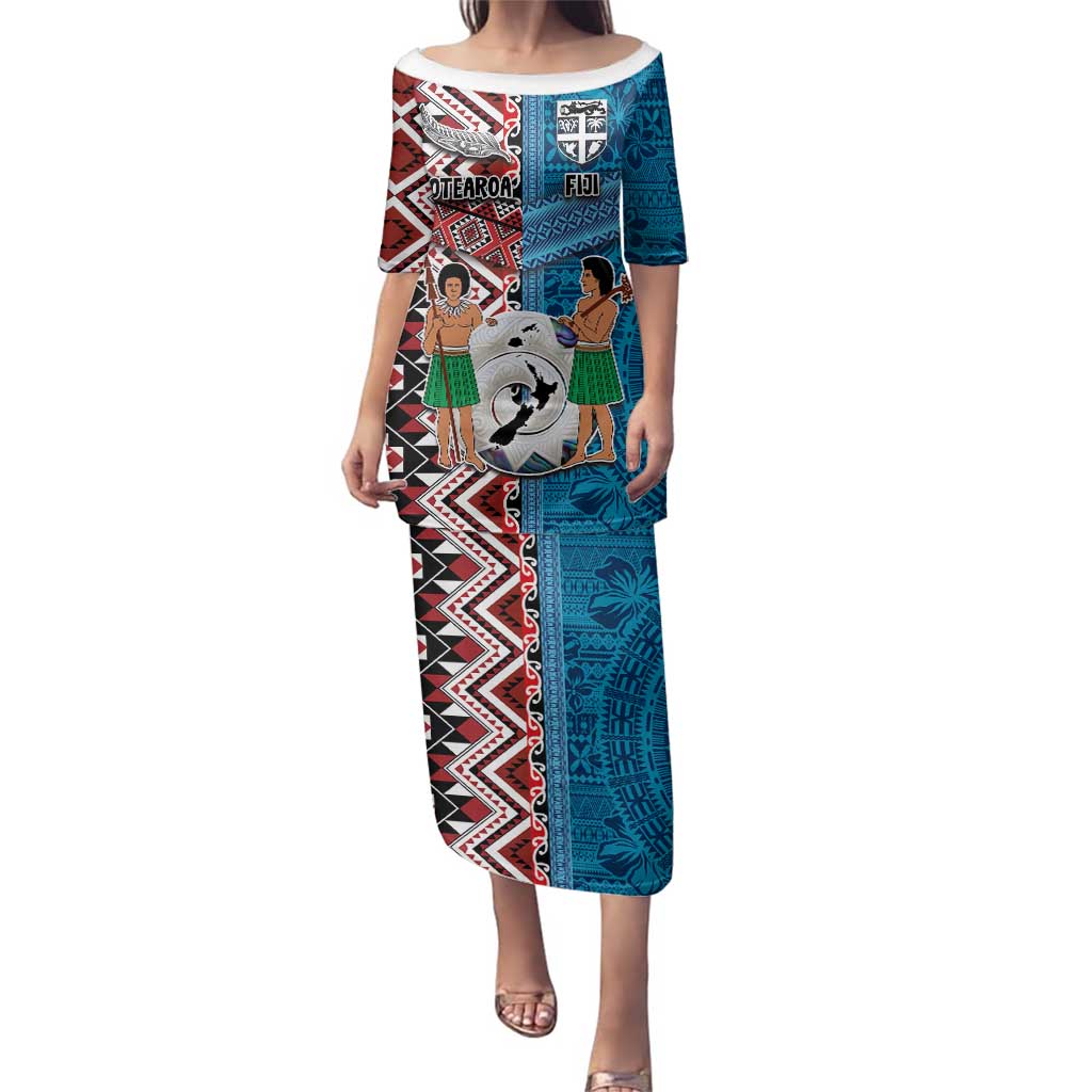 Personalised Aotearoa and Fiji Together Family Matching Puletasi and Hawaiian Shirt Melanesian Warrior and Koru - Taniko with Hibiscus Tapa Pattern