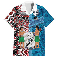 Personalised Aotearoa and Fiji Together Family Matching Short Sleeve Bodycon Dress and Hawaiian Shirt Melanesian Warrior and Koru - Taniko with Hibiscus Tapa Pattern