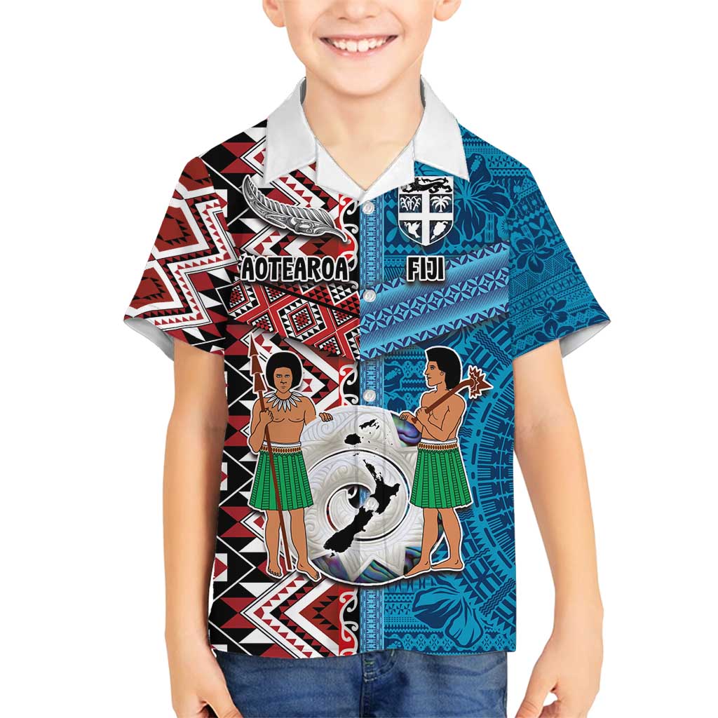 Personalised Aotearoa and Fiji Together Family Matching Tank Maxi Dress and Hawaiian Shirt Melanesian Warrior and Koru - Taniko with Hibiscus Tapa Pattern