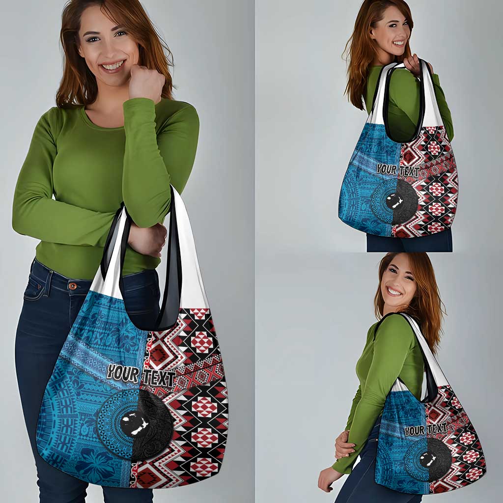 Personalised Aotearoa and Fiji Together Grocery Bag Melanesian Warrior and Koru - Taniko with Hibiscus Tapa Pattern