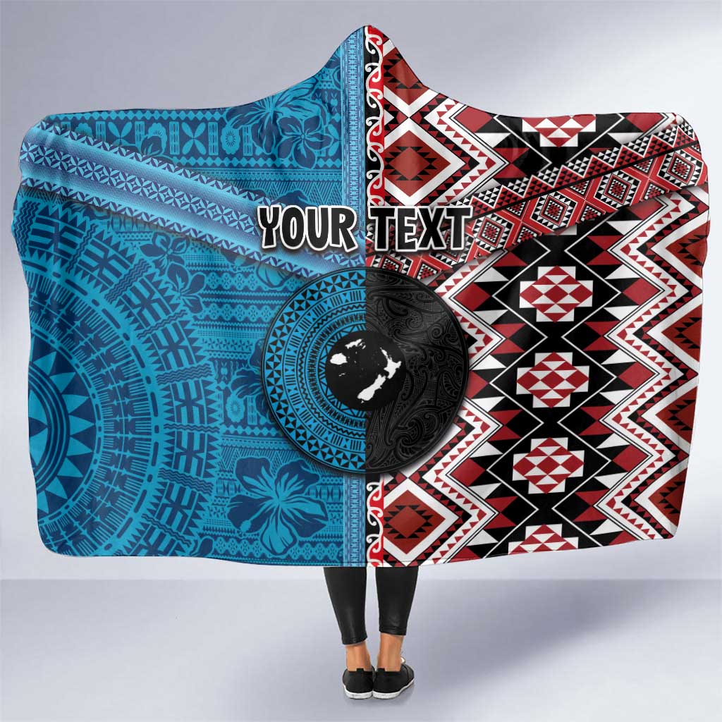 Personalised Aotearoa and Fiji Together Hooded Blanket Melanesian Warrior and Koru - Taniko with Hibiscus Tapa Pattern