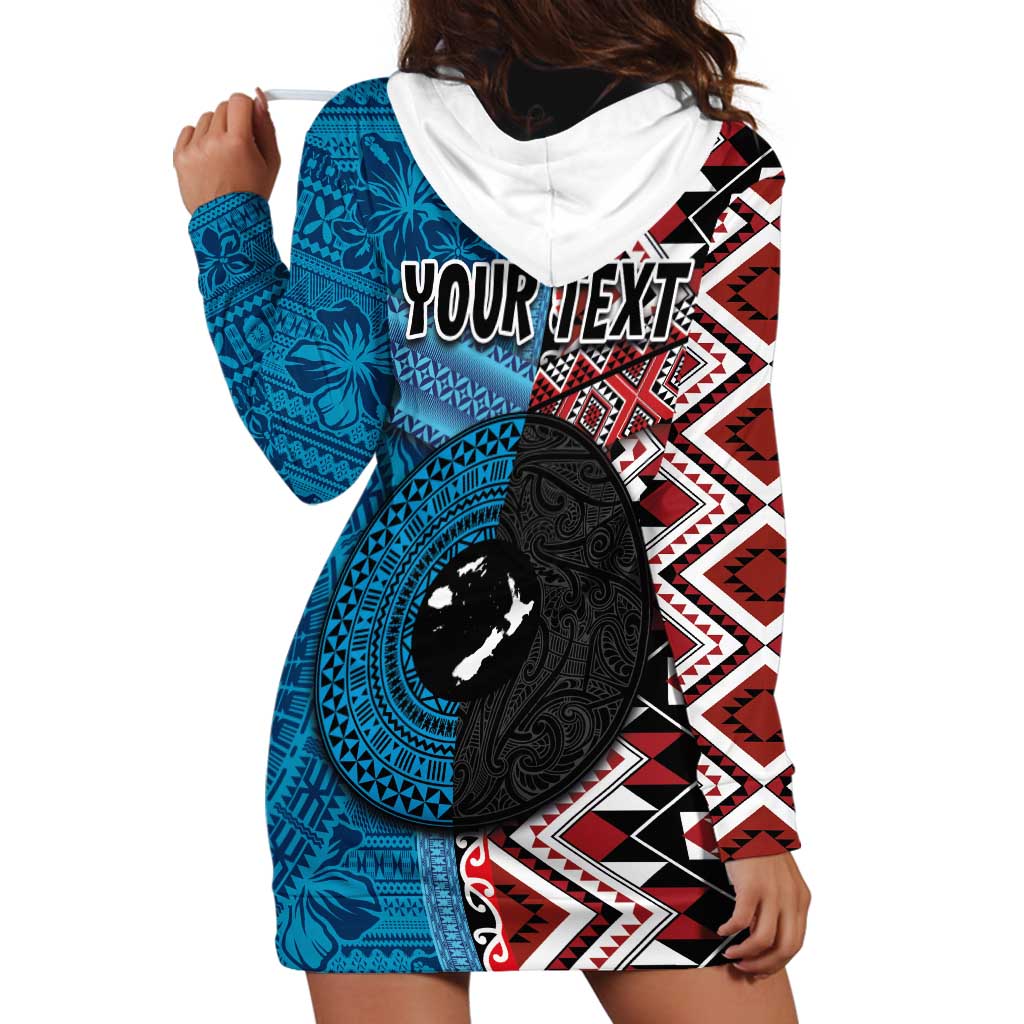 Personalised Aotearoa and Fiji Together Hoodie Dress Melanesian Warrior and Koru - Taniko with Hibiscus Tapa Pattern