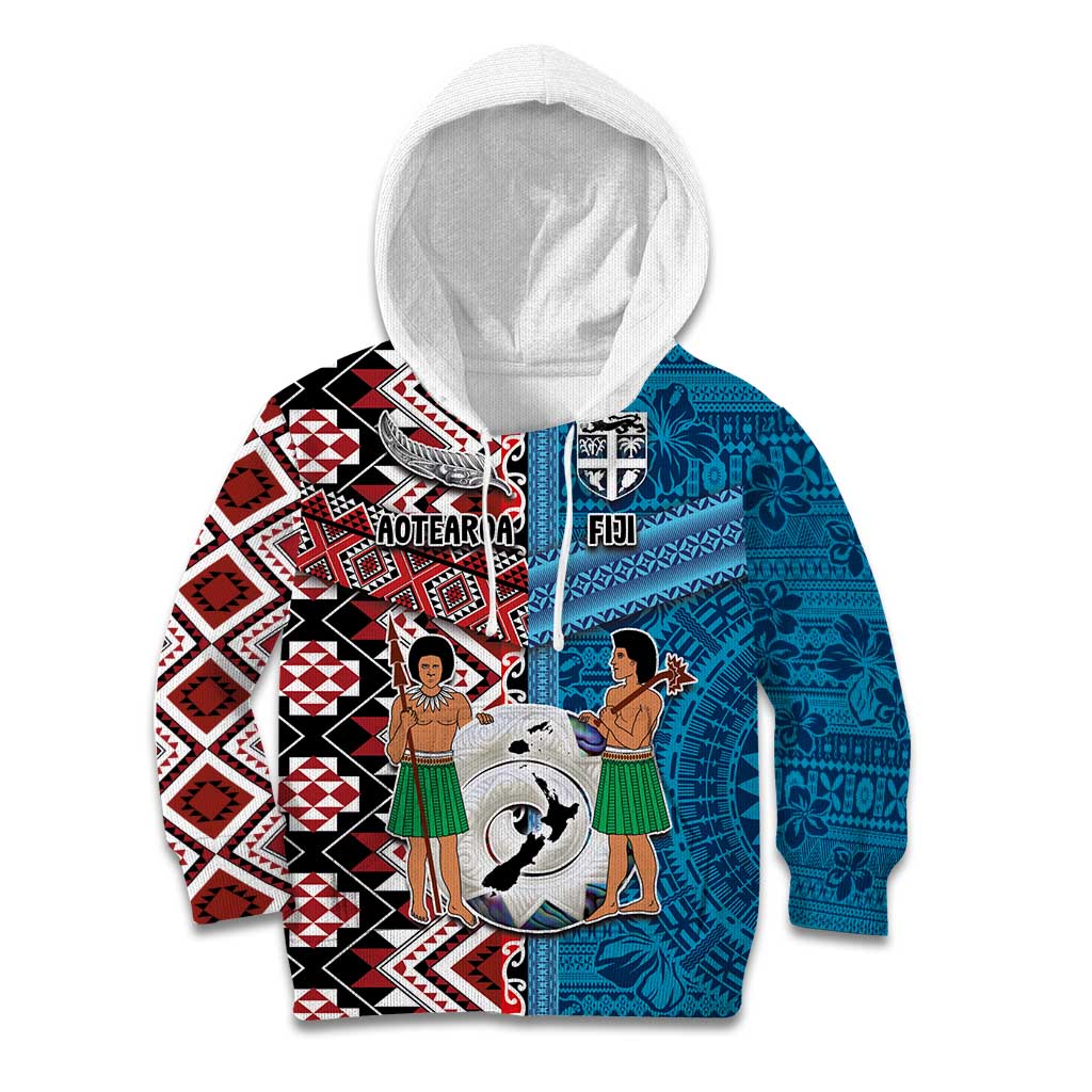 Personalised Aotearoa and Fiji Together Kid Hoodie Melanesian Warrior and Koru - Taniko with Hibiscus Tapa Pattern