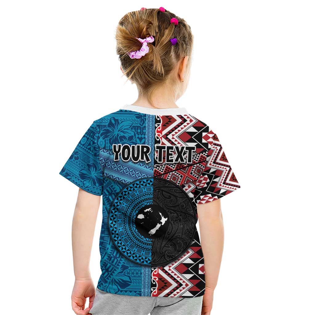 Personalised Aotearoa and Fiji Together Kid T Shirt Melanesian Warrior and Koru - Taniko with Hibiscus Tapa Pattern