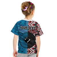 Personalised Aotearoa and Fiji Together Kid T Shirt Melanesian Warrior and Koru - Taniko with Hibiscus Tapa Pattern