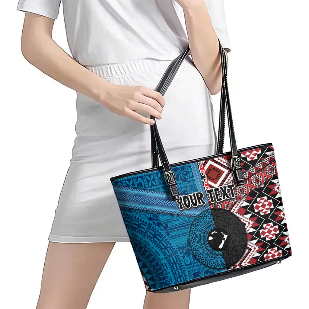 Personalised Aotearoa and Fiji Together Leather Tote Bag Melanesian Warrior and Koru - Taniko with Hibiscus Tapa Pattern