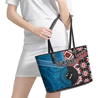 Personalised Aotearoa and Fiji Together Leather Tote Bag Melanesian Warrior and Koru - Taniko with Hibiscus Tapa Pattern