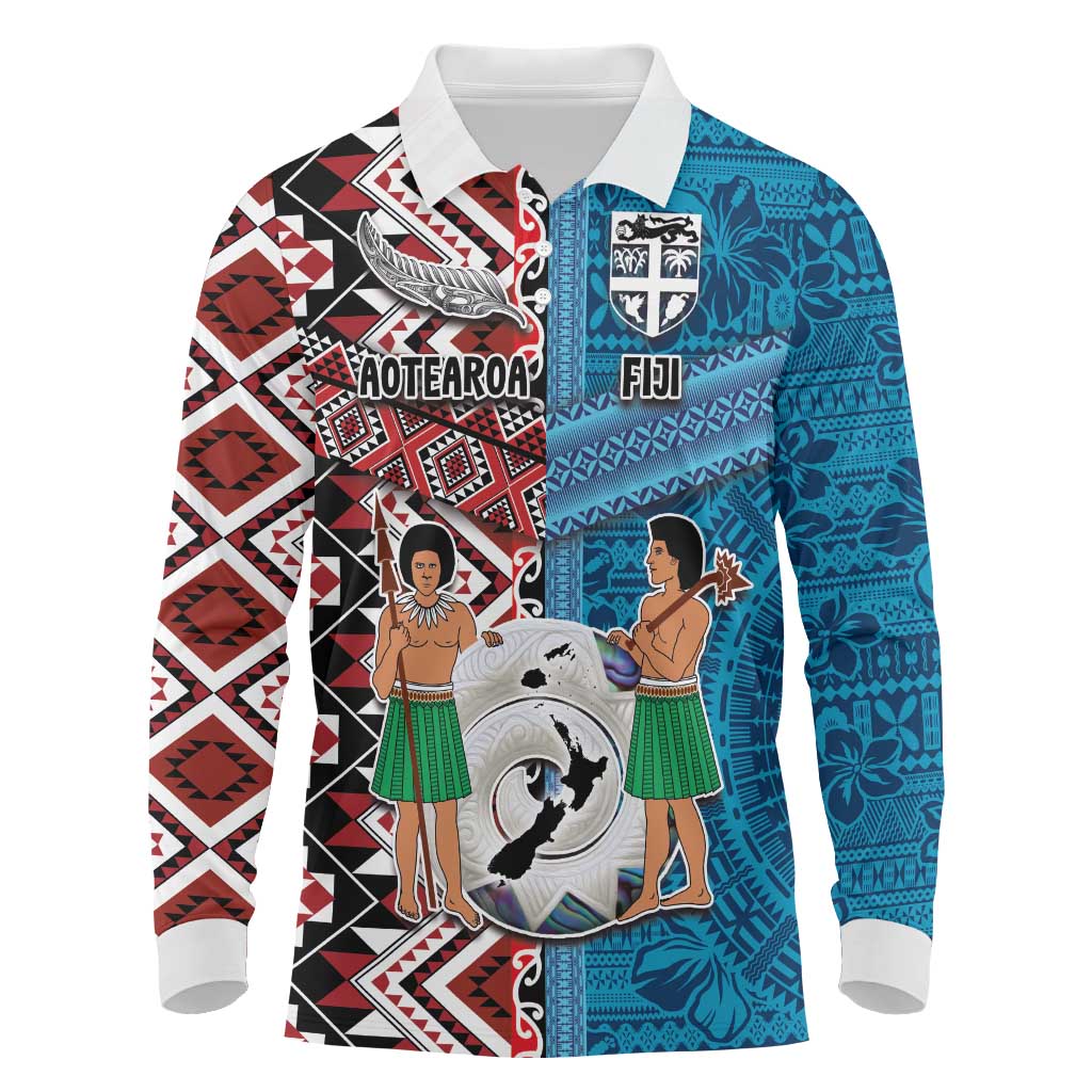 Personalised Aotearoa and Fiji Together Long Sleeve Polo Shirt Melanesian Warrior and Koru - Taniko with Hibiscus Tapa Pattern