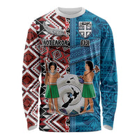 Personalised Aotearoa and Fiji Together Long Sleeve Shirt Melanesian Warrior and Koru - Taniko with Hibiscus Tapa Pattern