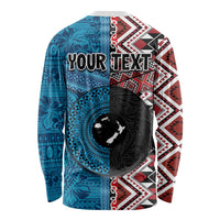 Personalised Aotearoa and Fiji Together Long Sleeve Shirt Melanesian Warrior and Koru - Taniko with Hibiscus Tapa Pattern