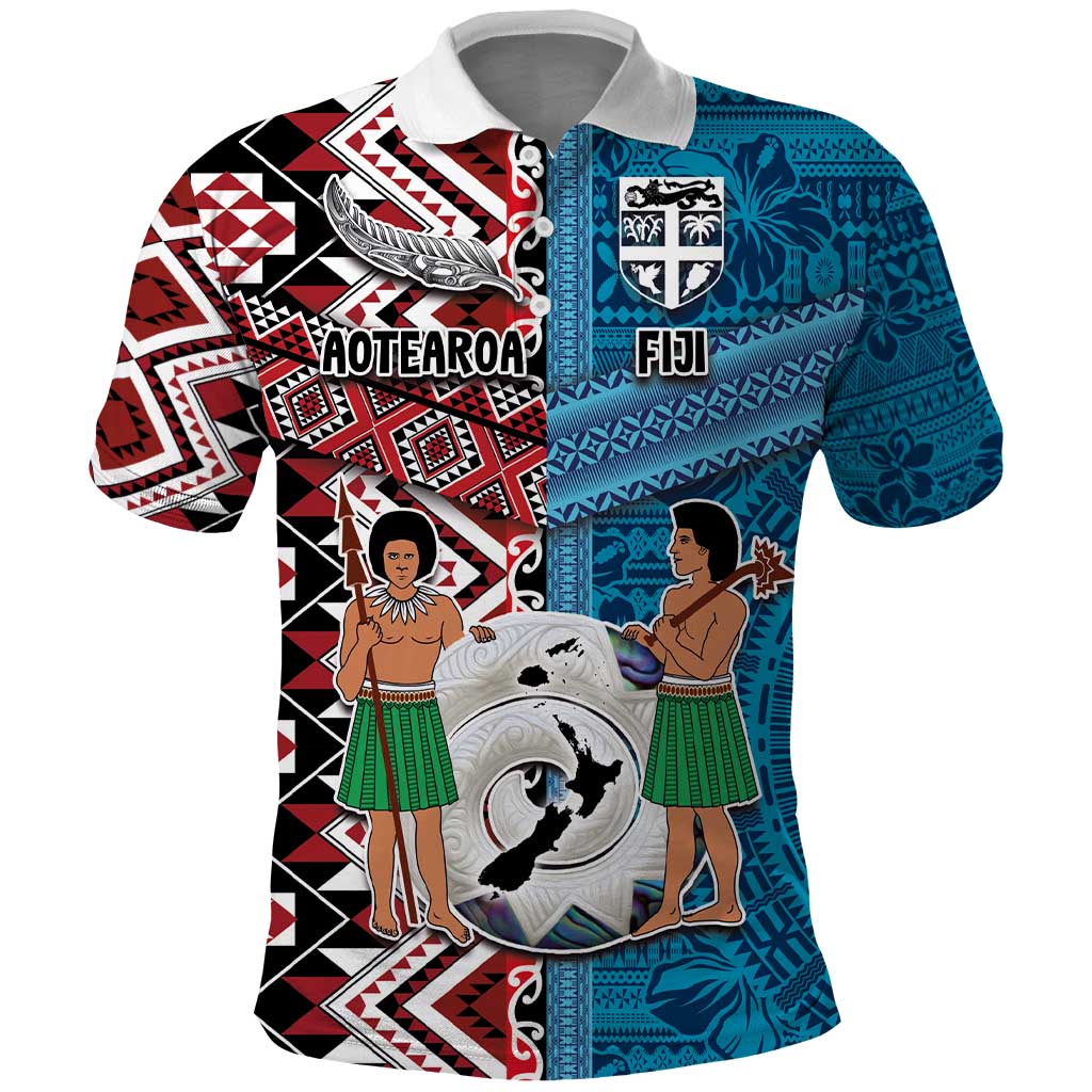 Personalised Aotearoa and Fiji Together Polo Shirt Melanesian Warrior and Koru - Taniko with Hibiscus Tapa Pattern