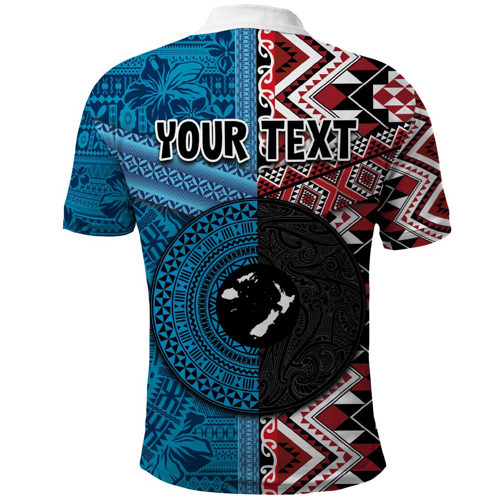 Personalised Aotearoa and Fiji Together Polo Shirt Melanesian Warrior and Koru - Taniko with Hibiscus Tapa Pattern