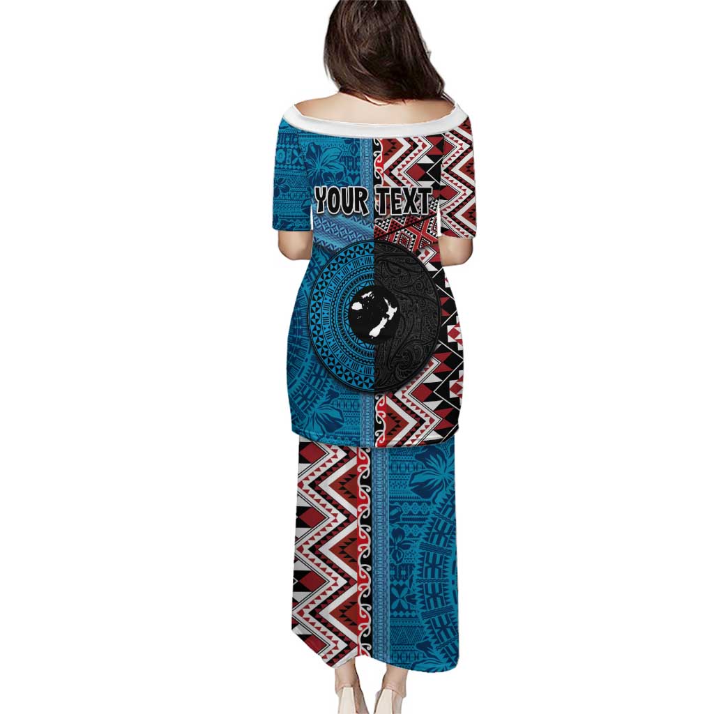 Personalised Aotearoa and Fiji Together Puletasi Melanesian Warrior and Koru - Taniko with Hibiscus Tapa Pattern