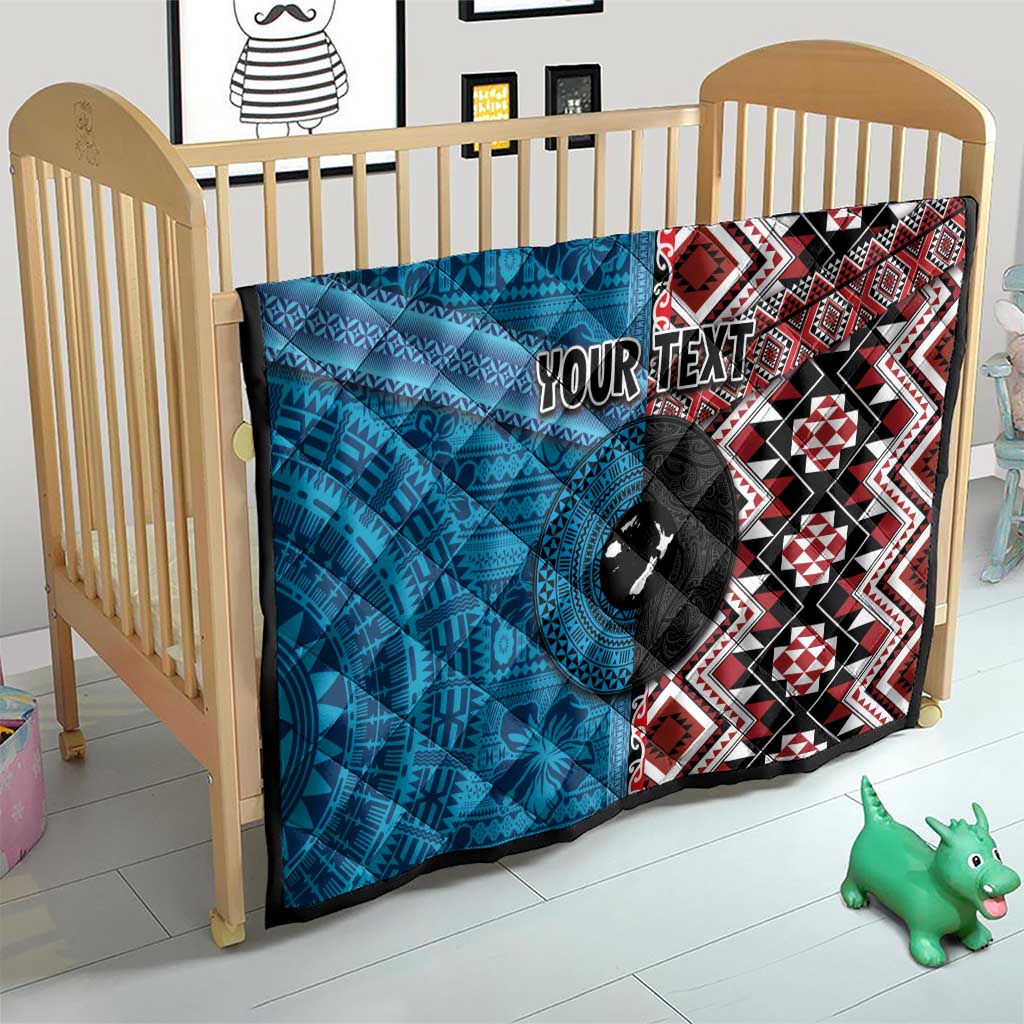Personalised Aotearoa and Fiji Together Quilt Melanesian Warrior and Koru - Taniko with Hibiscus Tapa Pattern