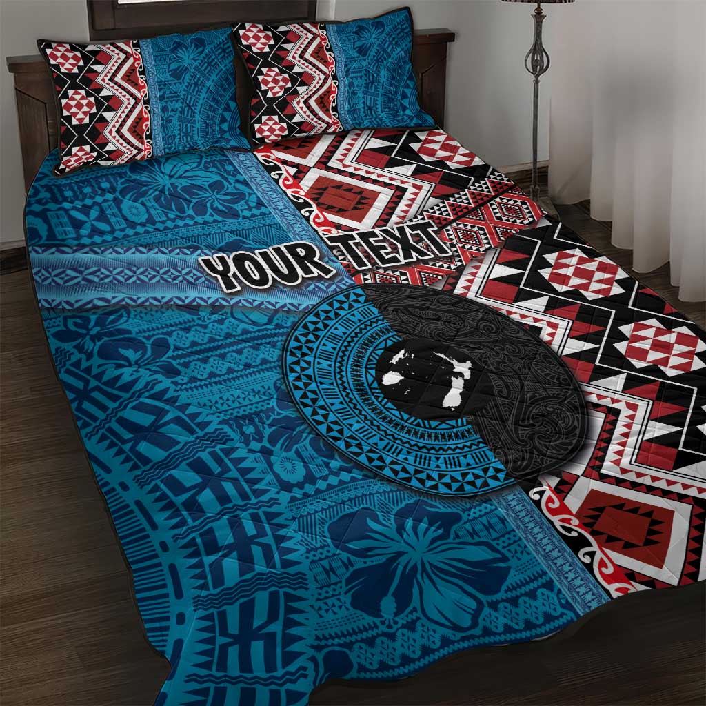 Personalised Aotearoa and Fiji Together Quilt Bed Set Melanesian Warrior and Koru - Taniko with Hibiscus Tapa Pattern