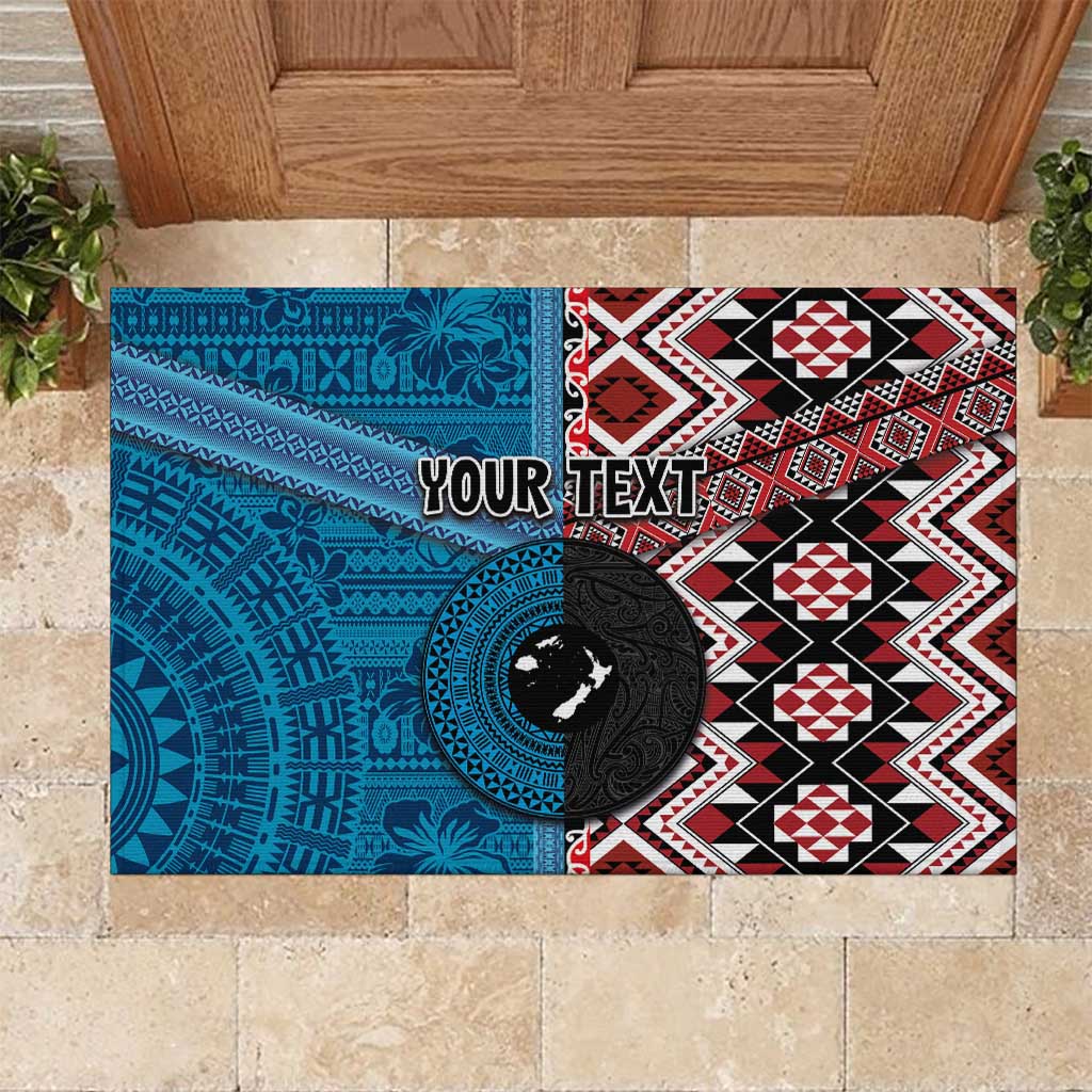 Personalised Aotearoa and Fiji Together Rubber Doormat Melanesian Warrior and Koru - Taniko with Hibiscus Tapa Pattern