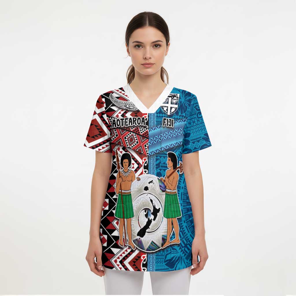 Personalised Aotearoa and Fiji Together Scrub Top Melanesian Warrior and Koru - Taniko with Hibiscus Tapa Pattern - Polynesian Pride