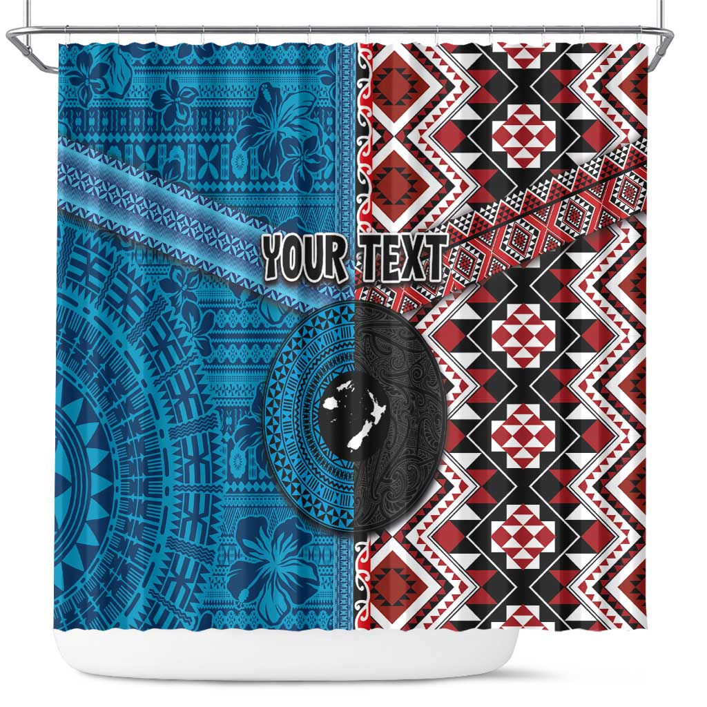 Personalised Aotearoa and Fiji Together Shower Curtain Melanesian Warrior and Koru - Taniko with Hibiscus Tapa Pattern