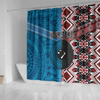 Personalised Aotearoa and Fiji Together Shower Curtain Melanesian Warrior and Koru - Taniko with Hibiscus Tapa Pattern