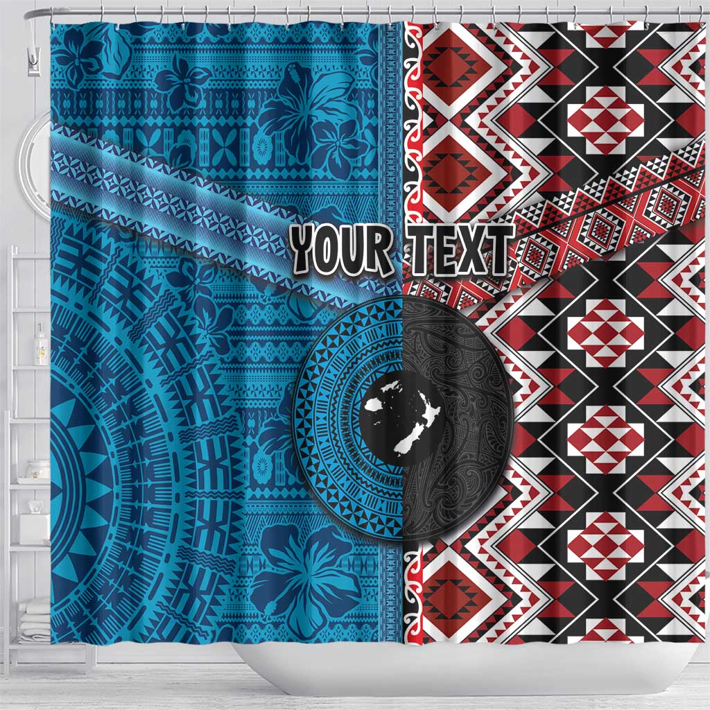 Personalised Aotearoa and Fiji Together Shower Curtain Melanesian Warrior and Koru - Taniko with Hibiscus Tapa Pattern