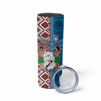 Personalised Aotearoa and Fiji Together Skinny Tumbler Melanesian Warrior and Koru - Taniko with Hibiscus Tapa Pattern